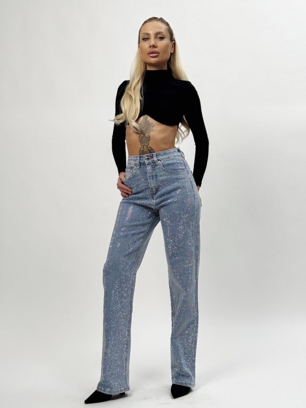 【BAON】Ketai star rivet banding wide pants Women's High Waist Rhinestone Denim Pants Star Baggy